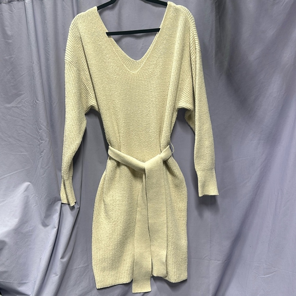 Express Cream Knit Long Sleeve Belted Sweater Dress